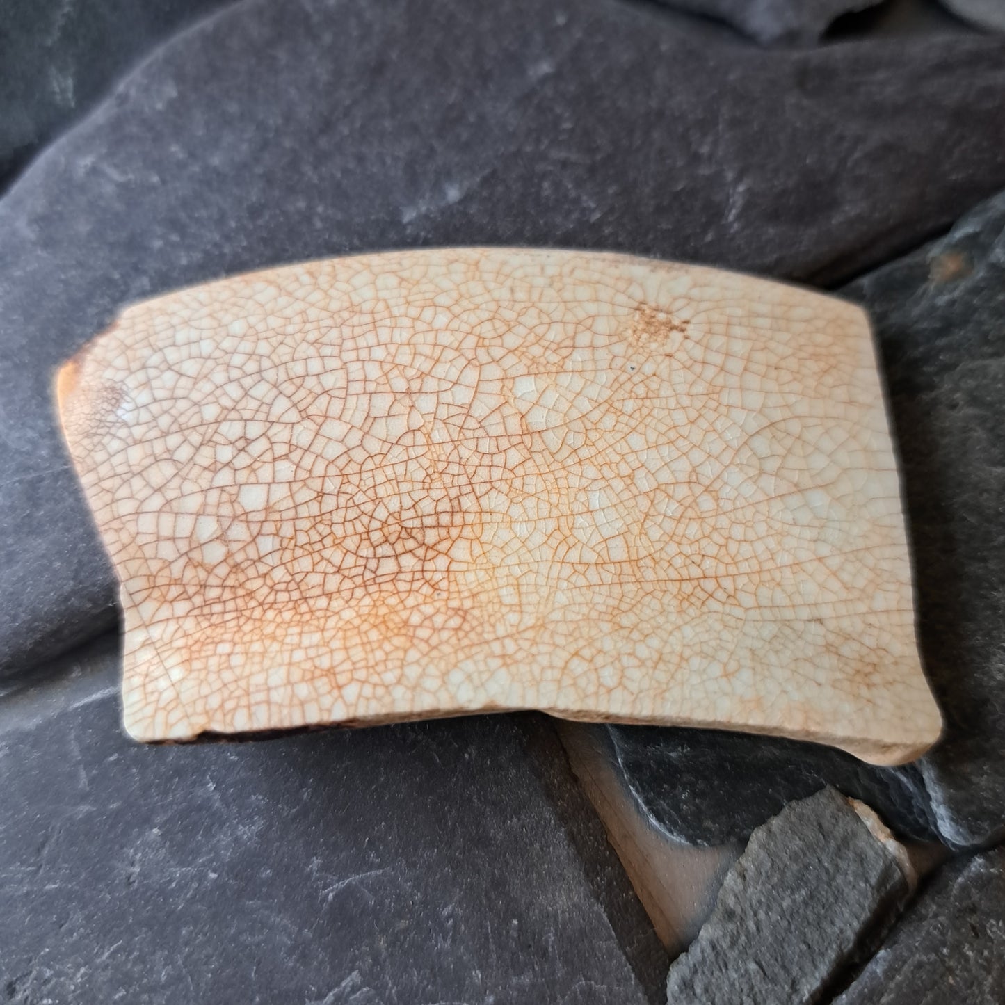 Large Blue and White Crazed Pottery Shard - Geometric and Floral Design
