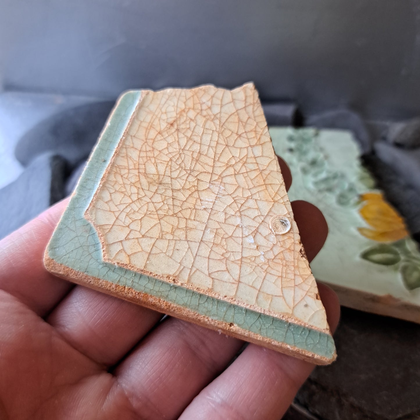 Rustic Glazed Tile Pair - Robin Egg Blue with Floral Detail