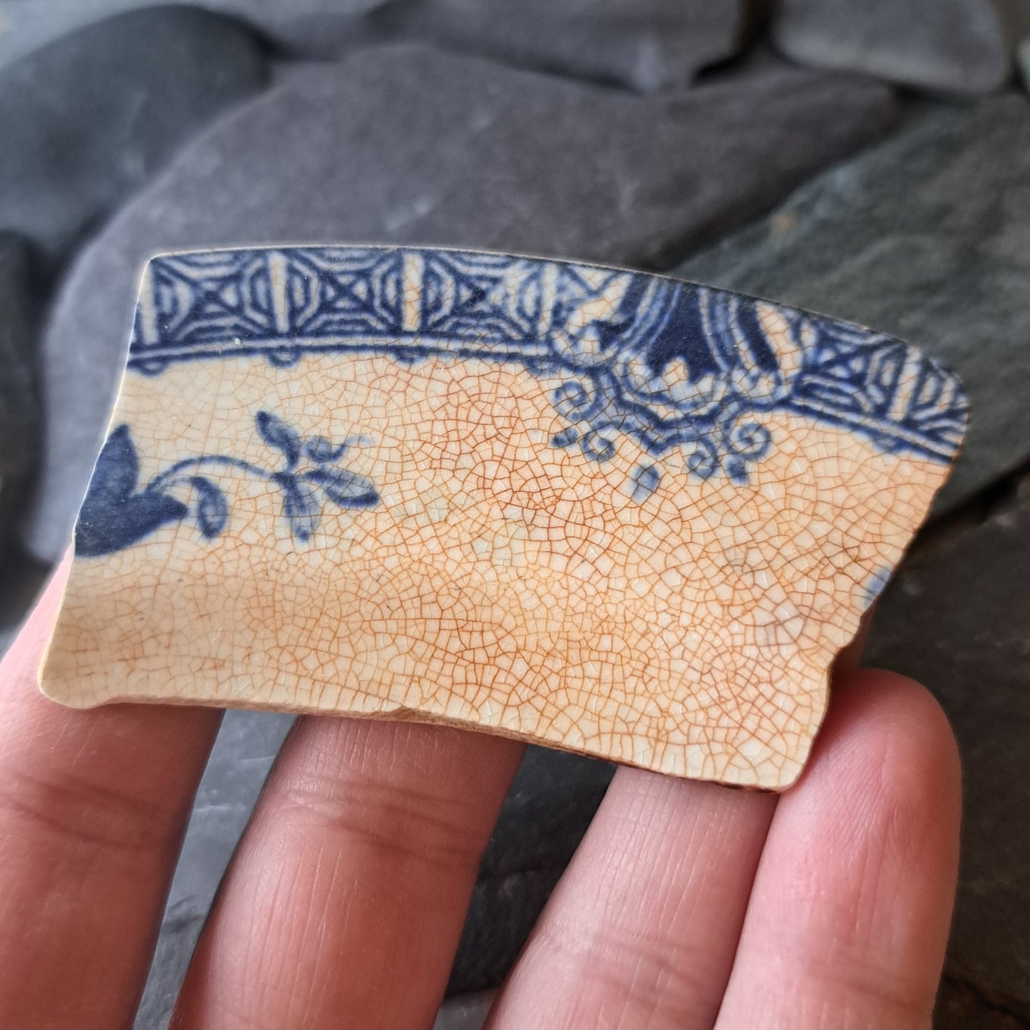 Large Blue and White Crazed Pottery Shard - Geometric and Floral Design