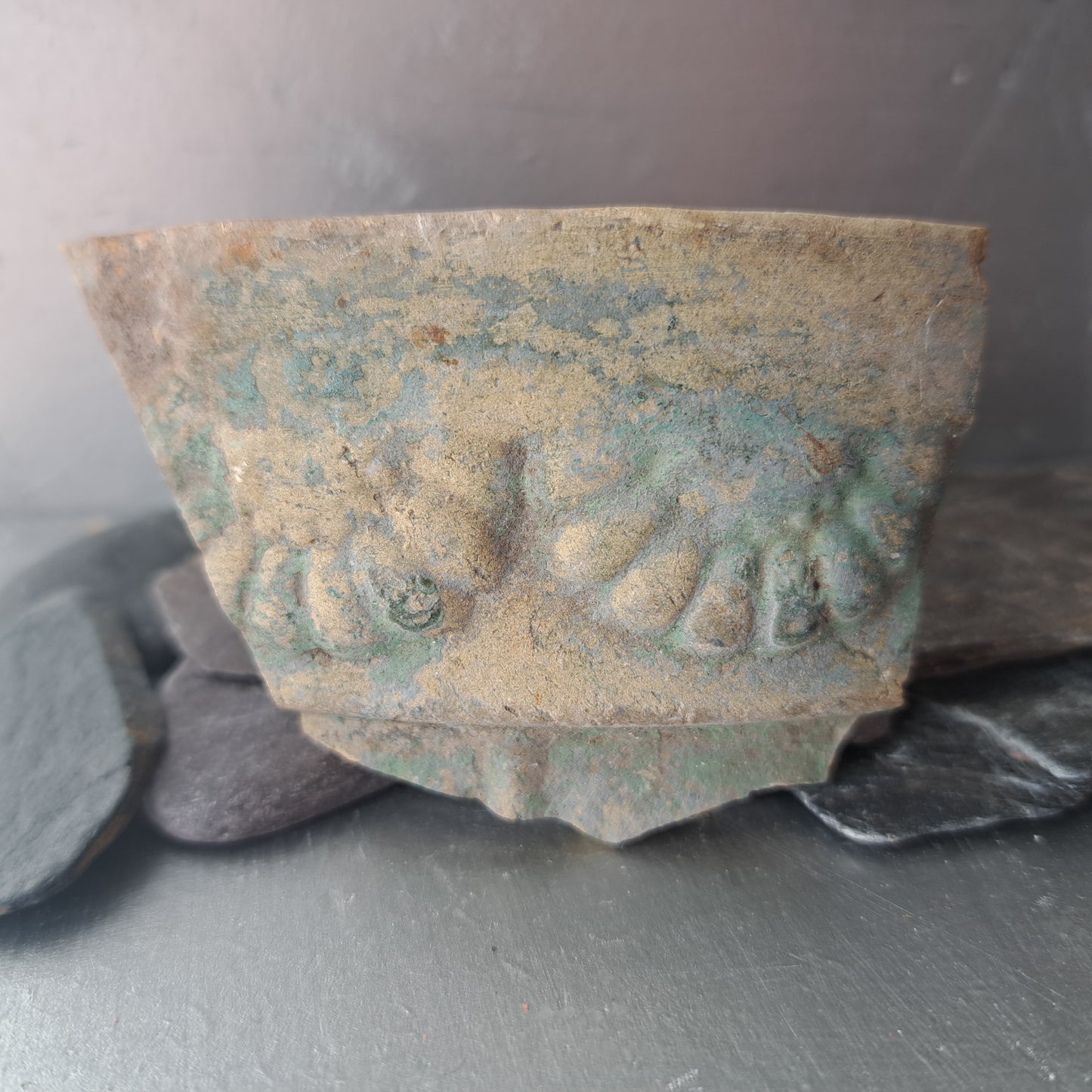 Rustic Blue-Patina Shard with Floral Embossing