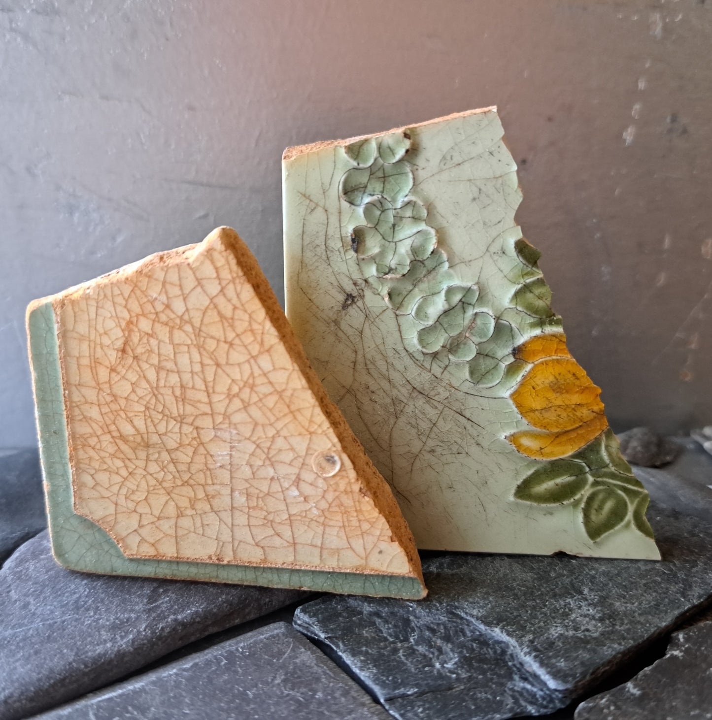 Rustic Glazed Tile Pair - Robin Egg Blue with Floral Detail