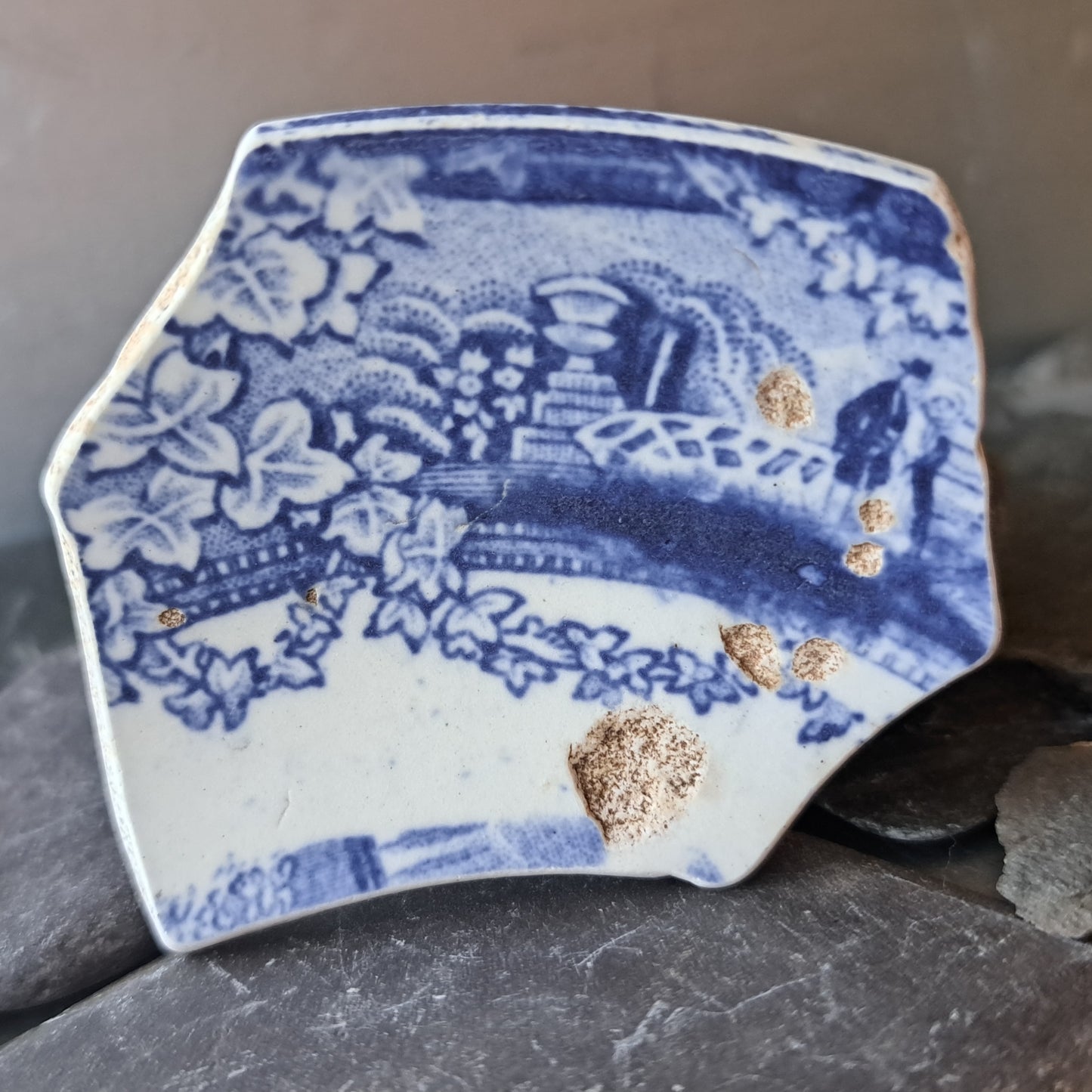Large Blue and White Pottery Shard with Embracing Couple