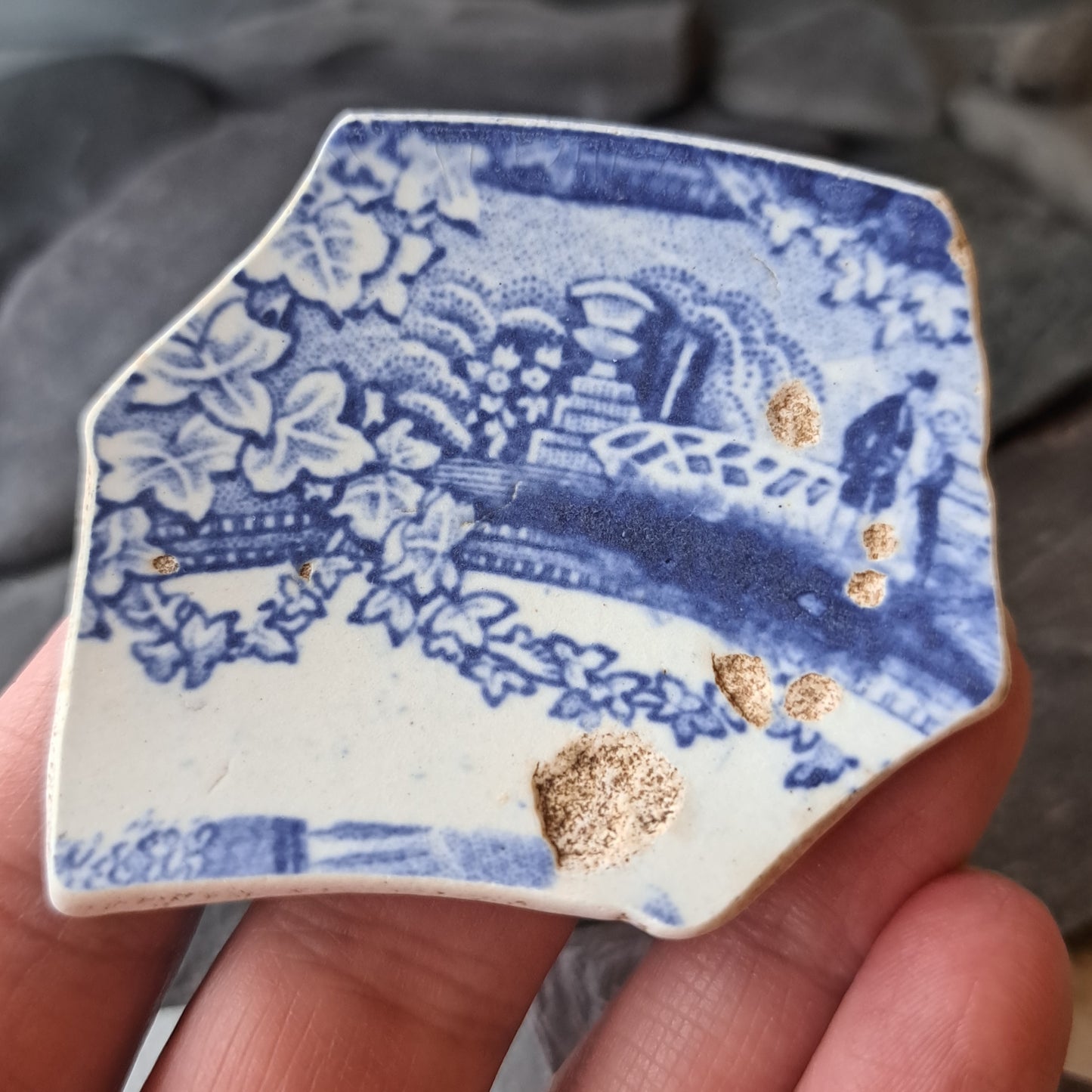 Large Blue and White Pottery Shard with Embracing Couple