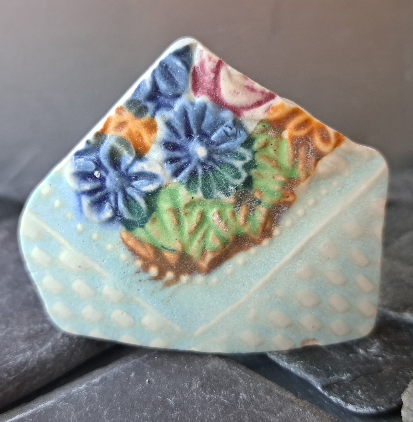 Large Multi-Colored Shard with Basket Texture and Floral Design