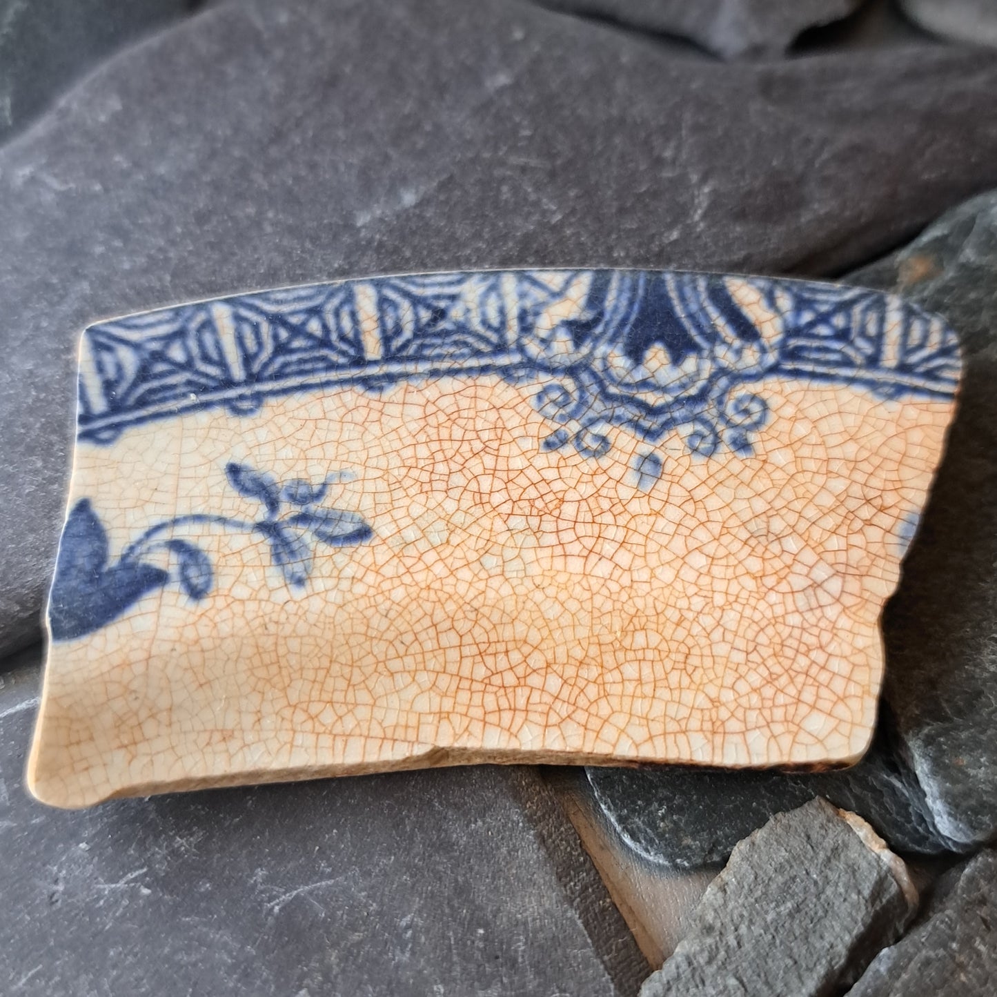 Large Blue and White Crazed Pottery Shard - Geometric and Floral Design