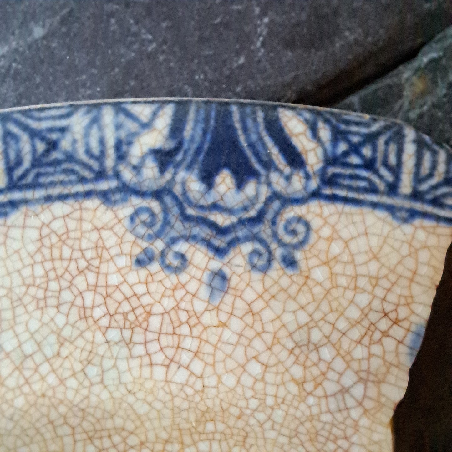Large Blue and White Crazed Pottery Shard - Geometric and Floral Design